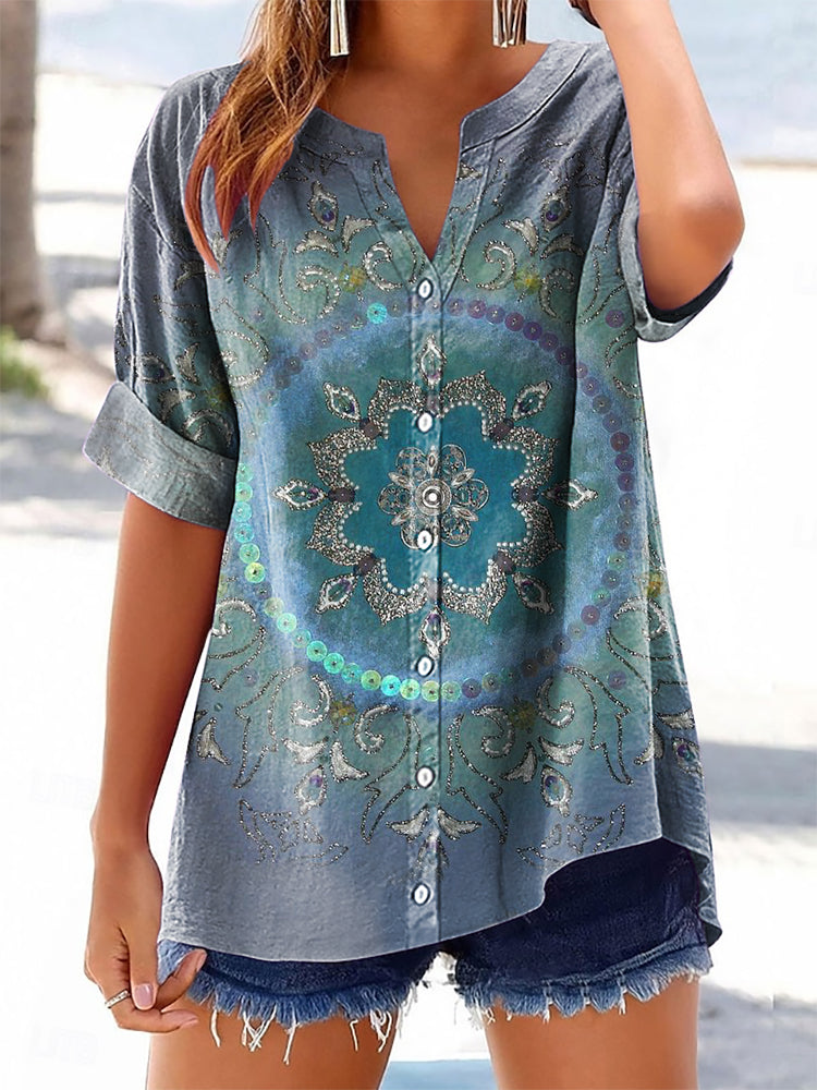 Women's Vintage Ethnic Floral Art Print Casual Cotton And Linen Shirt