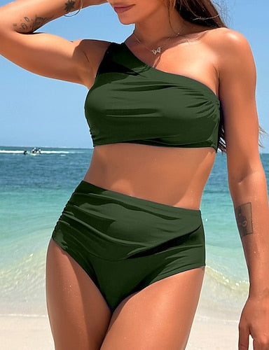 Swimwear 2 Piece Cheeky Swimsuit Ruched Backless Vacation Beach Wear Plain Asymmetric Neck Sleeveless Bathing Suits
