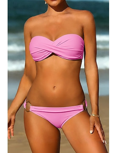 Swimwear Bikini 2 Piece Normal Swimsuit 2 Piece Ruched Open Back Pure Color Green White Black Yellow Rosy Pink Padded Strapless Bathing Suits New Vacation / Modern / Padded Bras