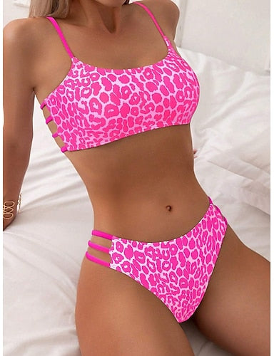 Swimwear Bikini 2 Piece Cheeky Swimsuit Backless Slim Vacation Beach Wear Leopard Strapless Sleeveless Bathing Suits