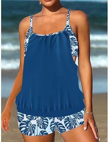 Tankini 2 Piece Swimsuit Palm Shorts Tummy Control High Waist Slim Backless Vacation Beach Wear Color Block Leaves U Neck Sleeveless Bathing Suits