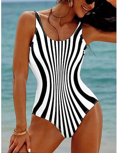 One Piece Swimsuit Slimming Monokini Backless Tummy Control High Waist Slim Vacation Beach Wear Geometric U Neck Sleeveless Bathing Suits