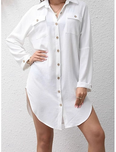 Mini Dress White Dress Beach Dress Shirt Dress Cover Up Classic Daily Outdoor Beach Loose Fit Plain Long Sleeve Shirt Collar White Summer Spring