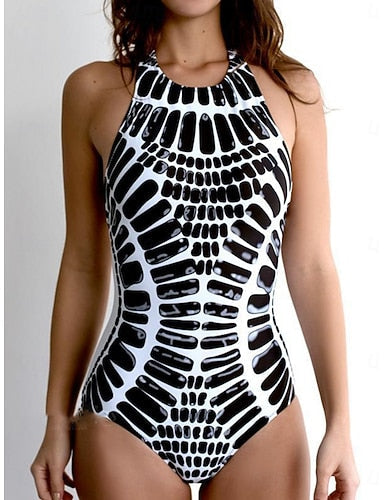 Swimwear One Piece Monokini Swimsuit Tummy Control High Waist Slim Backless Vacation Beach Wear Graphic Geometic Round Neck Sleeveless Bathing Suits