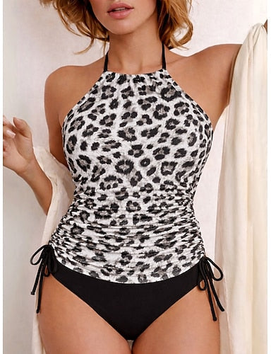 Swimwear Tankini 2 Piece Cheeky Swimsuit Drawstring Vacation Beach Wear Graphic Halter Neck Sleeveless Bathing Suits