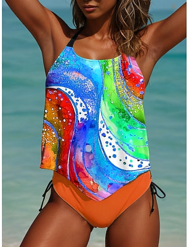 Tankini 2 Piece Swimsuit Cheeky S Backless Vacation Beach Wear Ombre U Neck Sleeveless Bathing Suits