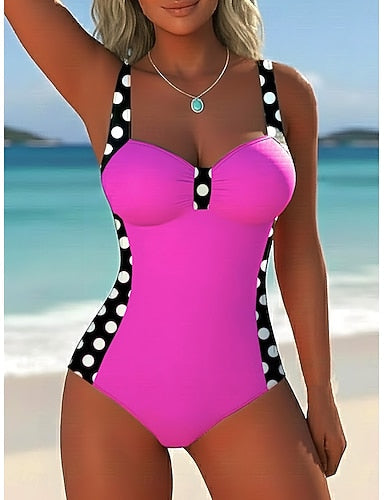 One Piece Swimsuit Slimming Underwire Colorblock Briefs Vacation Polka Dot Geometic V Neck Sleeveless Bathing Suits
