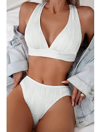 Swimwear Bikini 2 Piece Cheeky Swimsuit Backless Slim Vacation Beach Wear Color V Neck Sleeveless Bathing Suits