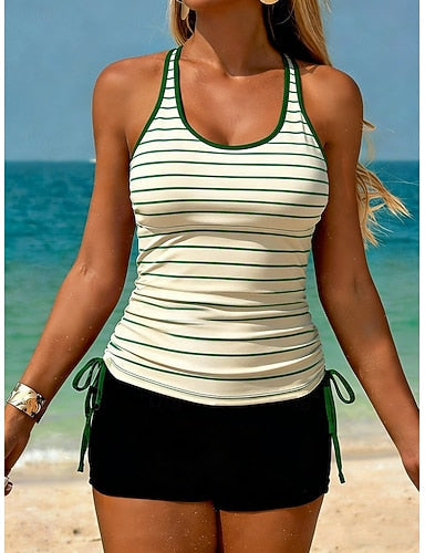 Swimwear Tankini 2 Piece High Waist Swimsuit Tummy Control High Waist Slim Backless Vacation Beach Wear Striped U Neck Sleeveless Bathing Suits