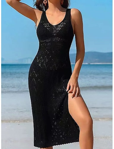 Swimwear Cover Up Swim Dress Dress Swimsuit Cutout Ruched Knit Vacation Beach Wear Plain Scoop Neck Sleeveless Bathing Suits
