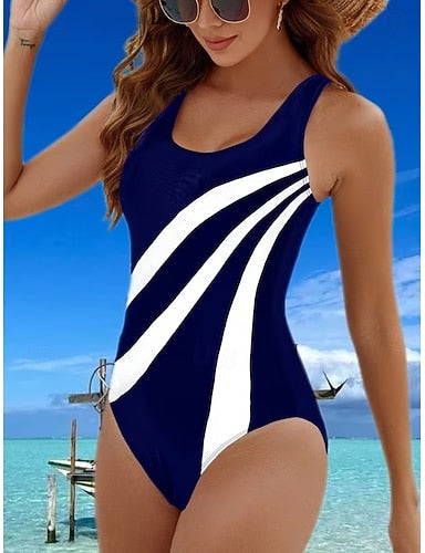One Piece Swimsuit Slimming Colorblock Monokini Tummy Control High Waist Slim Backless Vacation Ombre Graphic U Neck Sleeveless Bathing Suits