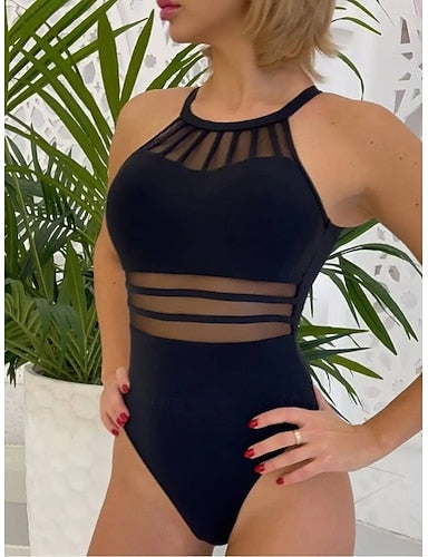 Swimwear One Piece Monokini Swimsuit Mesh Tummy Control High Waist Slim Vacation Beach Wear Color Halter Neck Sleeveless Bathing Suits