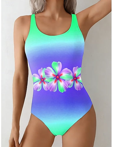 Swimwear One Piece Briefs Swimsuit Vacation Ombre Round Neck Sleeveless Bathing Suits