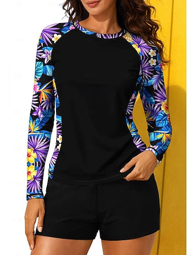Regular Rash Guard Swimsuit Rash Guard Print Swimsuit Tropical Color-blocking 2 Piece Removable Pad Boyleg Uv Sun Protection Upf50+ Elastic Long Sleeve Swimwear Sun Shirt