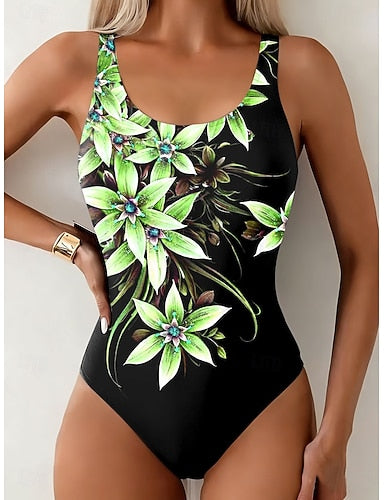 Swimwear One Piece Briefs Swimsuit Vacation Graphic Round Neck Sleeveless Bathing Suits