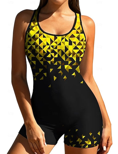 Standard Rash Guard One Piece Surfing Suit Bathing Suit Geometric Color-blocking With Built in Bra Boyleg Brief Leg Uv Protection Stretchy Sleeveless Surfing Snorkeling Water Sports Summer