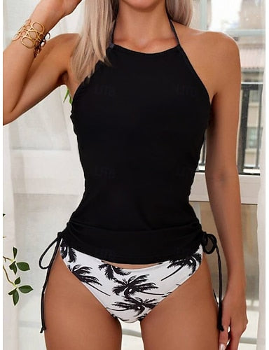 Tankini 2 Piece Swimsuit Leopard Cheeky Tummy Control High Waist Slim Backless Vacation Beach Wear Halter Neck Sleeveless Bathing Suits