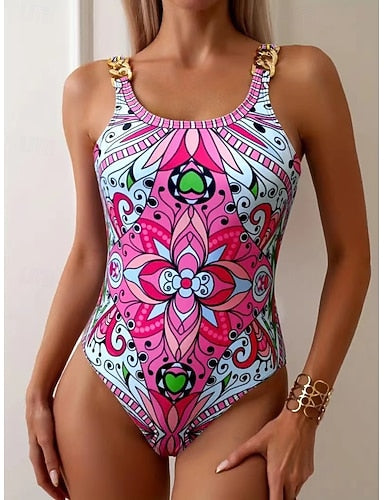 One Piece Swimsuit Slimming Monokini Tummy Control High Waist Slim Backless Vacation Graphic Geometic U Neck Sleeveless Bathing Suits