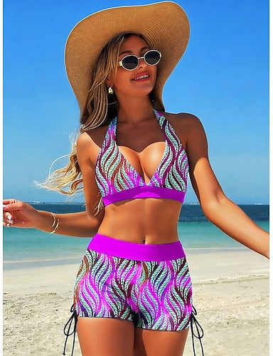 Bikini 2 Piece Swimsuit High Waist Backless Vacation Beach Wear Graphic Tropical V Neck Sleeveless Bathing Suits