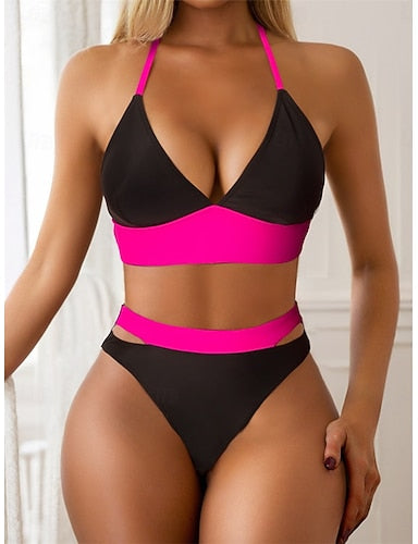 Swimwear Bikini 2 Piece Cheeky Swimsuit Backless High Waist Slim Vacation Beach Wear Color Block Halter Neck Sleeveless Bathing Suits