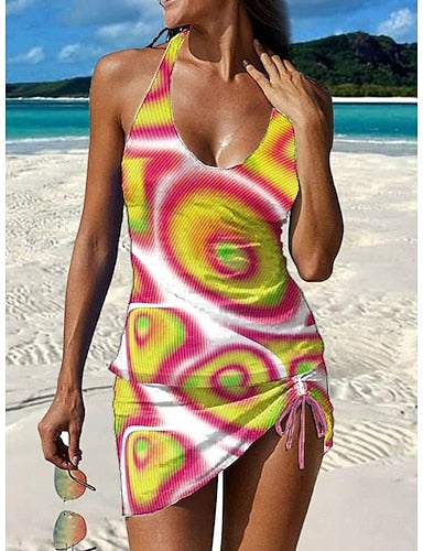 Swimwear Tankini Skirt Swimsuit Halter Vacation Graphic Geometic V Neck Sleeveless Bathing Suits