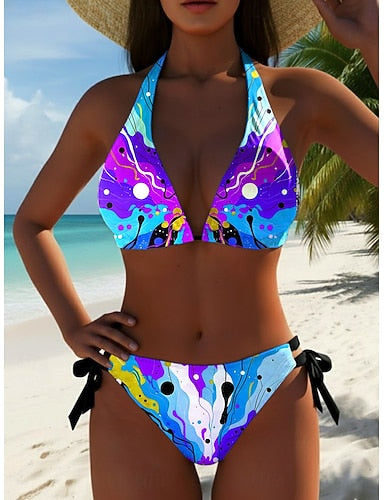 Bikini 2 Piece Swimsuit Cheeky Slim Backless Vacation Beach Wear Graphic Geometric V Neck Sleeveless Bathing Suits