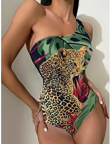 One Piece Swimsuit Slimming Leopard Monokini Backless Tummy Control High Waist Slim Vacation Beach Wear Leaves Asymmetric Neck Sleeveless Bathing Suits
