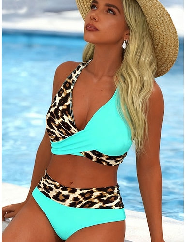 Bikini 2 Piece Swimsuit Leopard High Waist Stylish Graphic Sleeveless Bathing Suits