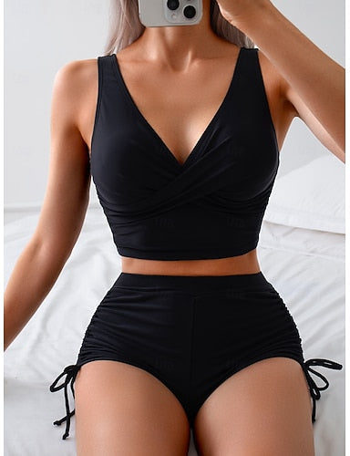 Bikini 2 Piece Swimsuit Boy Leg Tummy Control High Waist Slim Vacation Beach Wear Color V Neck Sleeveless Bathing Suits