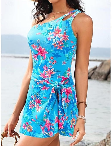 One Piece Swimsuit With Skirt Palm Monokini Tummy Control High Waist Slim Backless Vacation Beach Wear Asymmetric Neck Sleeveless Bathing Suits