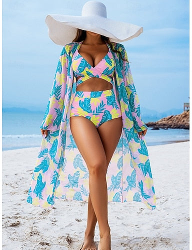 Bikini 3 Piece Swimsuit Palm Cheeky Slim Backless Vacation Beach Wear Leaves V Neck Sleeveless Bathing Suits