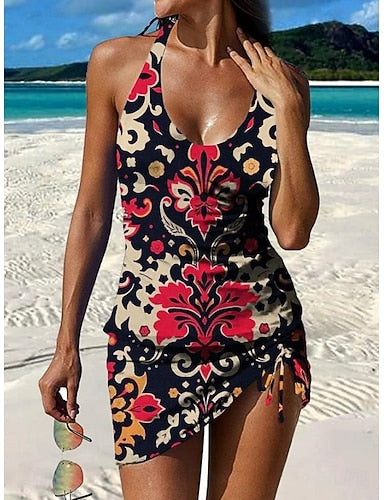 Swimwear Tankini Skirt Swimsuit Halter Vacation Graphic V Neck Sleeveless Bathing Suits