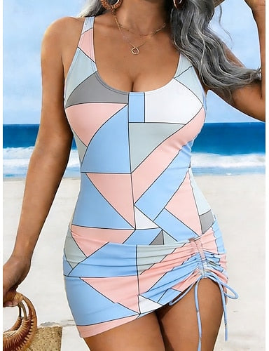 Swimwear Tankini 2 Piece Skirt Swimsuit Drawstring Vacation Geometric Scoop Neck Sleeveless Bathing Suits