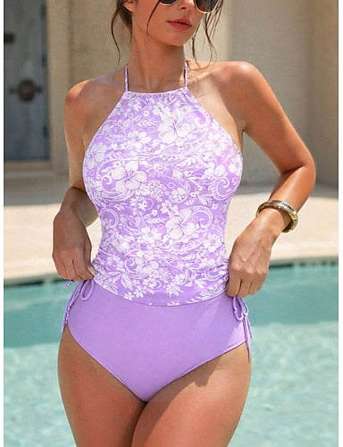 Swimwear Tankini 2 Piece Cheeky Swimsuit Halter Vacation Beach Wear Graphic Halter Neck Sleeveless Bathing Suits