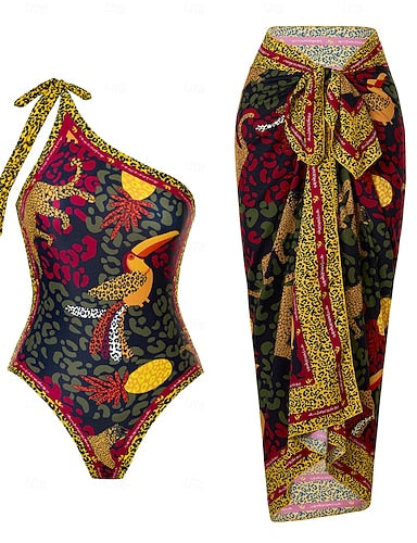 Swimwear One Piece 2 Piece Monokini Skirt Swimsuit Tummy Control High Waist Slim Backless Vacation Tropical Graphic Asymmetric Neck Sleeveless Bathing Suits