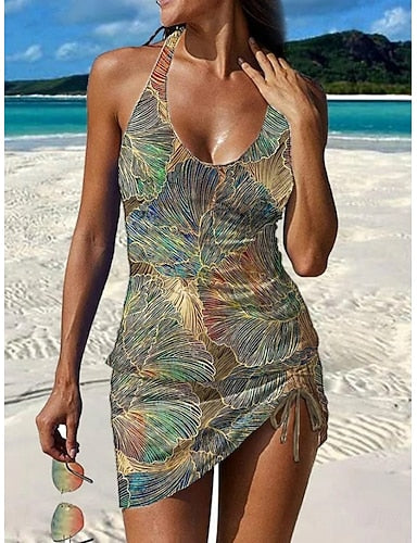 Swimwear Tankini Skirt Swimsuit Vacation Graphic V Neck Sleeveless Bathing Suits