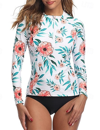 Rash Guard Swimsuit Tropical Front Zip Uv Sun Protection Upf50+ Quick Dry Long Sleeve Swimwear Bathing Suit Surfing Beach Water Sports Summer