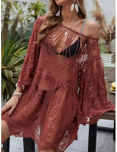 Cover Up Swimsuit Dress Lace Patchwork Vacation Beach Wear Color V Neck Long Sleeve Bathing Suits