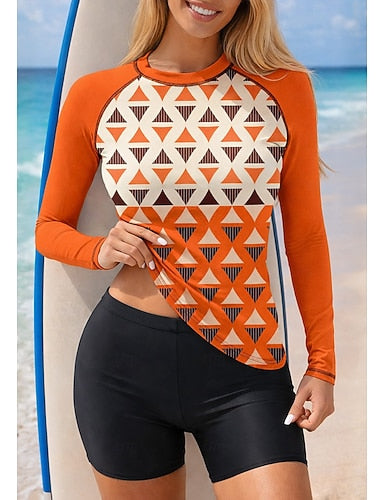 Rash Guard Swimsuit Rash Guard Tankini Swimsuits Geometric 2 Piece Removable Pad Boyleg Uv Sun Protection Upf50+ Elastic Long Sleeve Swimwear Sun Shirt Surfing Canoeing Water Sports Summer