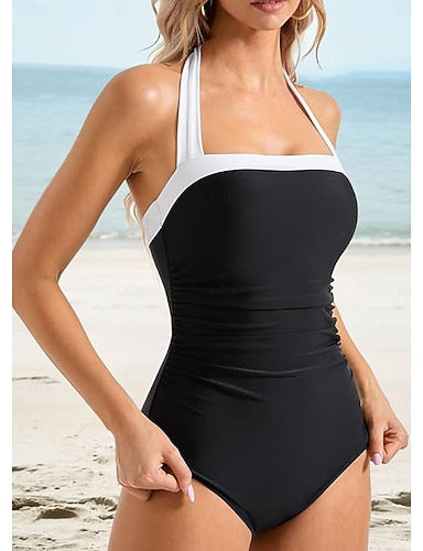 Swimwear One Piece Monokini Swimsuit Ruched Tummy Control Slim Backless Vacation Beach Wear Color Color Block Halter Neck Sleeveless Bathing Suits