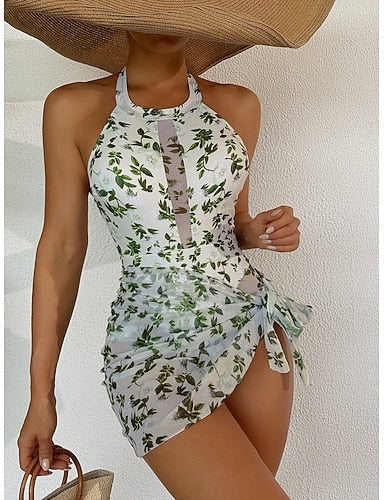 Swimwear 2 Piece Monokini Swimsuit With Skirt Tummy Control High Waist Slim Backless Vacation Beach Wear Halter Neck Sleeveless Bathing Suits