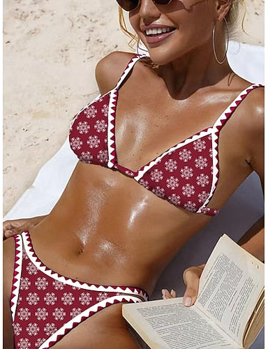 Bikini 2 Piece Swimsuit Thong Slim Backless Vacation Beach Wear Geometic V Neck Sleeveless Bathing Suits