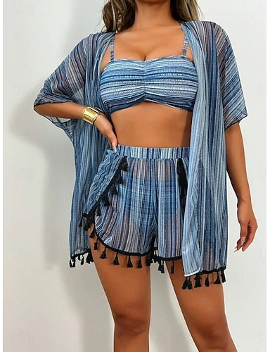 Swimwear Bikini Three Piece Shorts Swimsuit Slim Backless Vacation Beach Wear Striped Halter Neck Sleeveless Bathing Suits