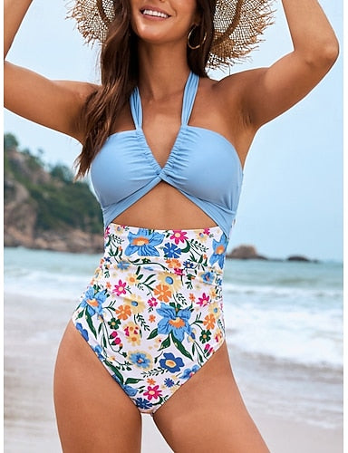 Swimwear One Piece 2 Piece Monokini Skirt Swimsuit Tummy Control High Waist Slim Backless Vacation Beach Wear Striped Halter Neck Sleeveless Bathing Suits