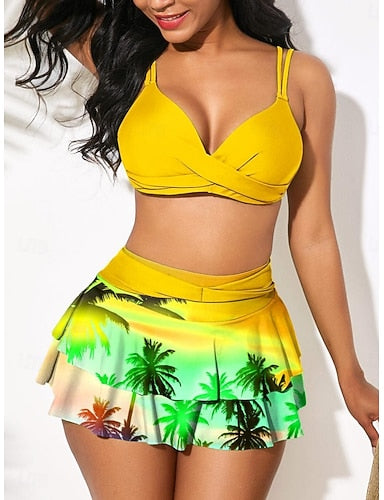 Bikini 2 Piece Swimsuit Ruched Underwire With Skirt Palm Skirt Slim Backless Vacation Beach Wear V Neck Sleeveless Bathing Suits