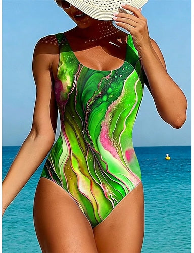 Swimwear One Piece High Cut Swimsuit Beach Wear Summer Graphic Geometic U Neck Sleeveless Bathing Suits