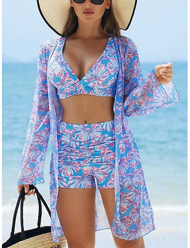 Bikini 3 Piece Swimsuit Palm Shorts Slim Backless Vacation Beach Wear Leaves V Neck Sleeveless Bathing Suits