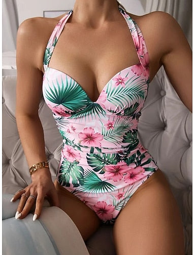 Swimwear One Piece Swimsuit Ruched Underwire Vacation Tropical Graphic Sleeveless Bathing Suits