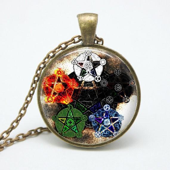 Pentacle Wiccan Pendant Talisman - Unique Glass & Bronze Necklace