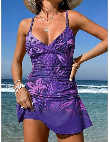 Swimwear One Piece Skirt Swimsuit Vacation Graphic V Neck Sleeveless Bathing Suits